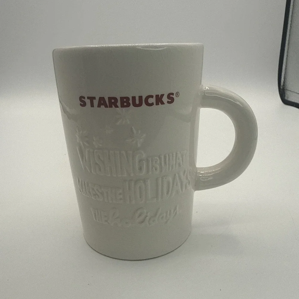 Starbucks 2010 White Ceramic 10 oz Coffee Cup Holiday Theme Christmas Wishing